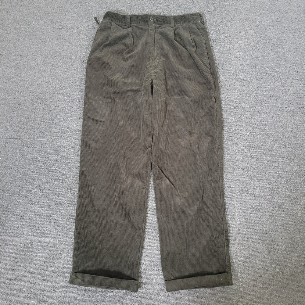 Trust Size W34 X L32 Corduroy Pants Mens Pleated Olive Green Straight Leg